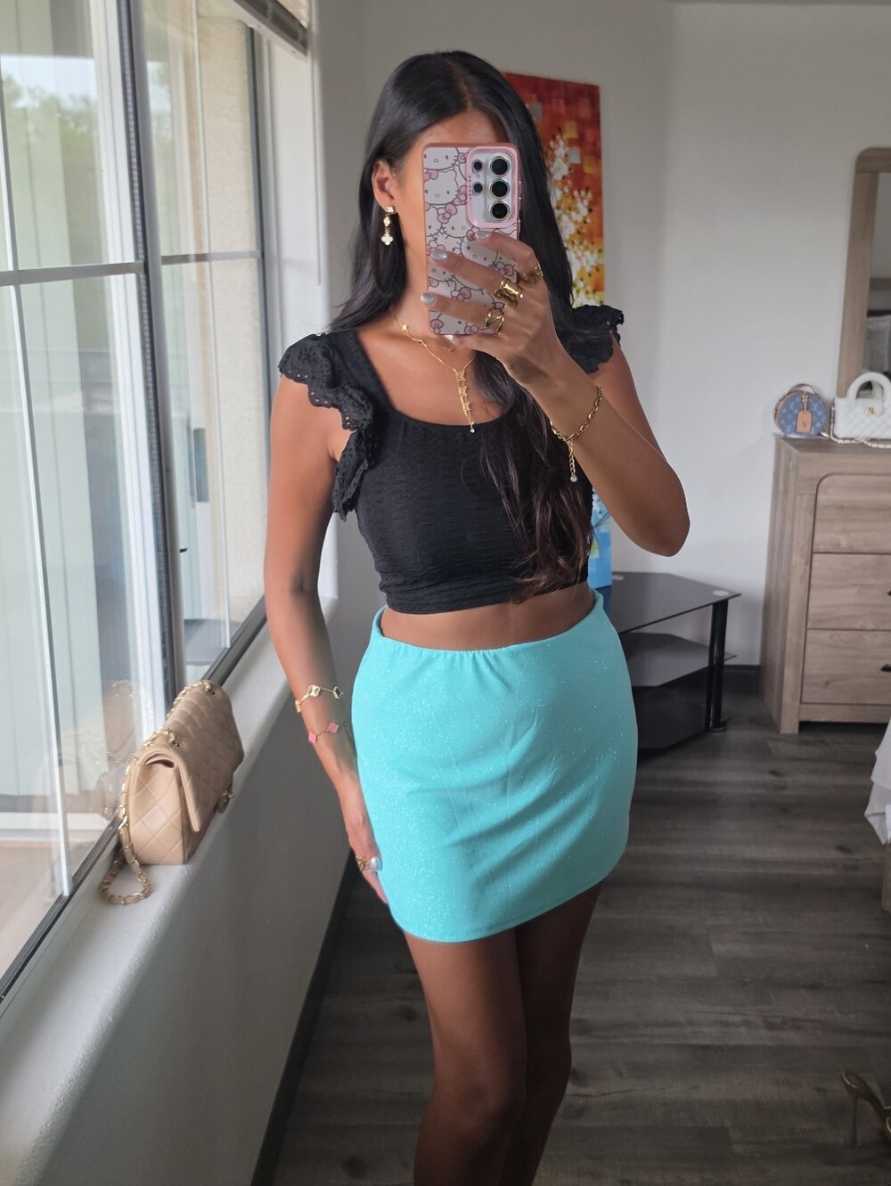 Black Eyelet Crop Top with Flutter Sleeves - Women